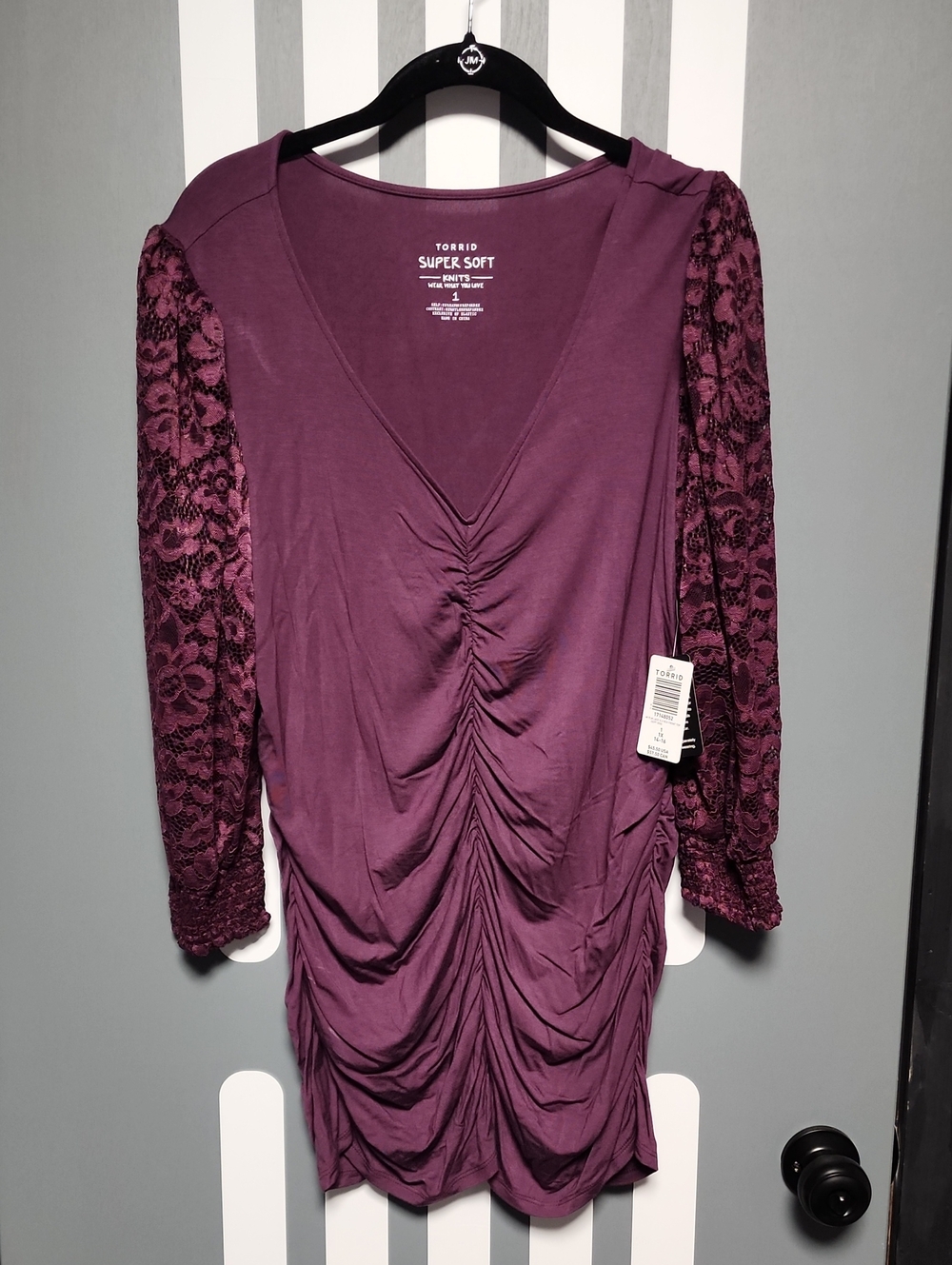 torrid Plum Ruched V-Neck Top with Lace Long Sleeves